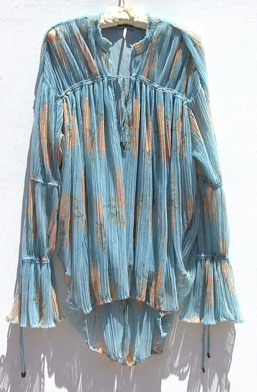 Free People Dahlia Tunic Dress Top – Blue Sheer Floral – Long Sleeve – Women’s M